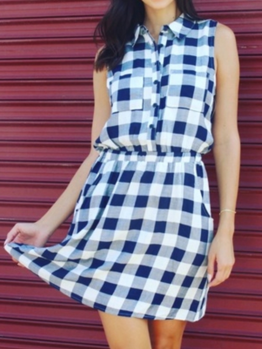 Love, Fire sleeveless Crinched Waist Black And White plaid Dress Size XS Pockets
